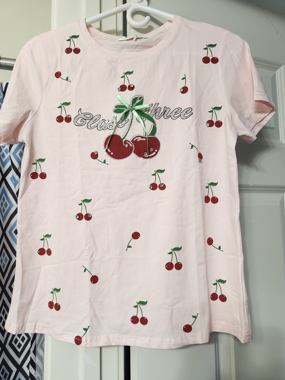 Womem Pink Cherry Print Short Sleeve Top